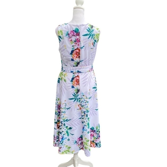 DKNY Ladies White Floral Sleeveless Midi A-line Round Neck Dress With Belt Sz 6 - Picture 7 of 15